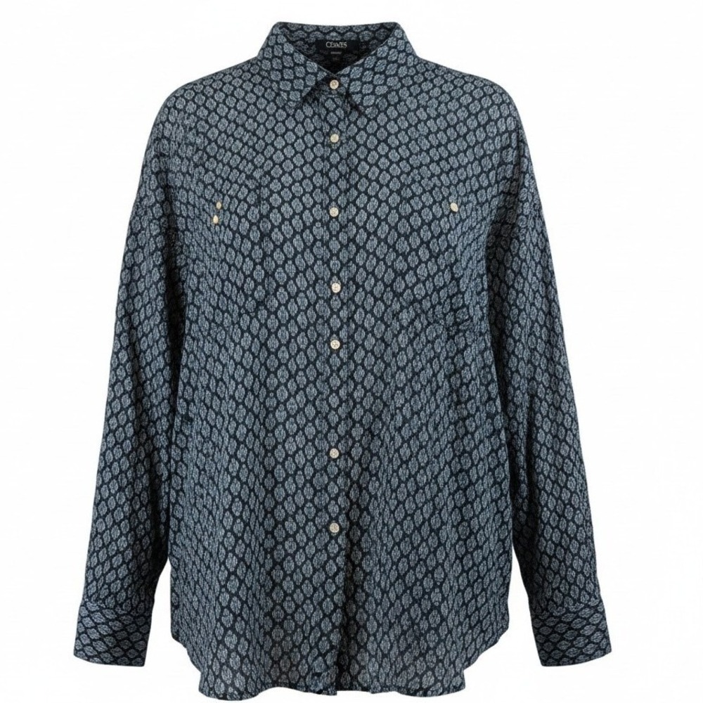 NWT Chaps Woman Blue Geometric Tile Print Button Down Top 3X Island Sun Flowing